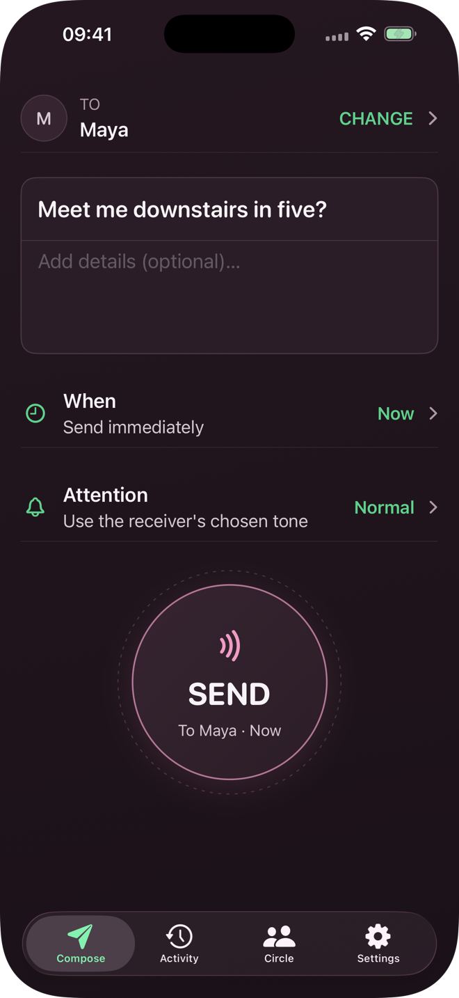 CircleBell Compose screen showing a notification ready to send to Maya