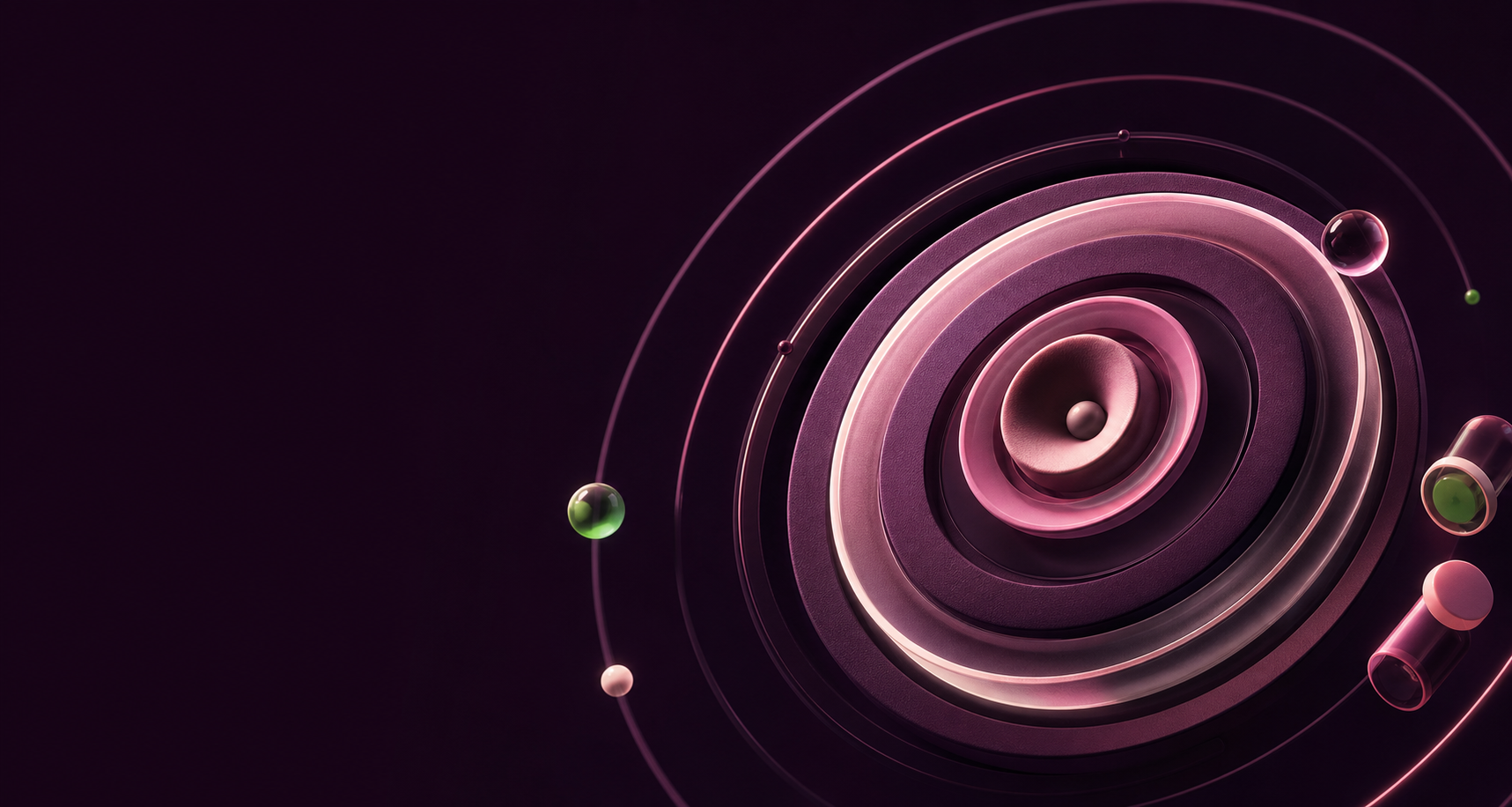 Sculptural signal waves radiating through a deep aubergine space